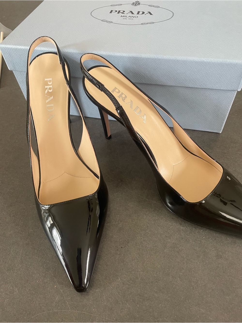 Prada Black Patent Leather Pointed Slingback Heels
